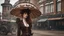 Placeholder: woman standing in a street with a parasol shaped like a mushroom with tentacles, in a steampunk setting