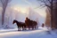 Placeholder: Peder Monk Monsted style, forest dirt road, one horse-drawn sleigh, winter