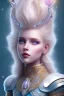 Placeholder: cosmic petit prince belle fine, profil de trois quart, grand front cosmique, peau bleu cristalline, yeux bleu, perle sur le front long cheveux blond et rose etoilé, cristaux sur le corps, collier de grande princesse, levres souriante, très jolie sourire