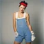 Placeholder: Dolorès Marat, La femme aux gants (Rosie the Riveter puts on her overalls over her_lingerie with gloves), 1987. go to the factory, with no inhibitions