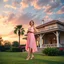 Placeholder: create full body lady ,short hair pretty dress standing pose pretty high heels ,midy dress,standing in front of a beautifull villa garden sun set sky with pretty clouds and godrays