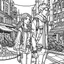 Placeholder: Cyberpunk style, coloring book page, cartoon modern style, couple love in city, whole couple view