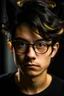 Placeholder: A young adult man with messy black hair and black cat ears, golden eyes, glasses.