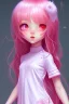 Placeholder: Loli wearing long nightgown, hands behind back, wholesome, innocent, long pink hair, tilted head