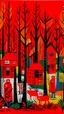 Placeholder: A red forest with tribal huts painted by Stuart Davis