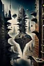 Placeholder: a stunningly weird image of a futuristic metropolis using Salvador Dali's paranoiac-critical method, where buildings and structures appear to melt into the skyline cityscape is filled with floating mad, twisted sharp metal shapes that interact with the buildings and each other, forming a surreal tableau of a dreamlike reality. neu-steampunk vibe, essence of the scene in a cinematic manner, with dramatic shadows that enhance the distorted perspectives and bizarre