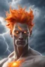 Placeholder: a slim muscular god with galaxy's in his eyes, glowing orange hair that looks like it's made of the sun, a light gray body made of clouds with glowing cracks of orange within it in cloud patterns. lightning crawls up his face. necklace made of water. realistic 4k