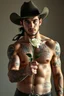 Placeholder: Extremely realistic photo of a young cowboy with tattoos on his chest and hands with nice muscles ,giving you a white Rose , general foul weather, (Rembr Lighting), zeiss lens, ultra realistic, (high detailed skin:1.2), 8k uhd, dslr, Dramatic Rim light, high quality, Fujifilm XT3, artwork in pale distressed tones , minimalistic approach, blends old world aesthetics art with elements of distressed painting and illustration, shadow play, high conceptuality, palette inspired by Charlene Mc Nall