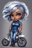 Placeholder: create an airbrush illustration of a chibi cartoon voluptuous black female wearing a blue jean outfit with biker boots. Prominent make up with hazel eyes. Extremely highly detail of a very low platinum blonde pixie haircut. Background of a bike show.