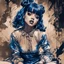 Placeholder: Poster in two gradually, a one side the Singer Melanie Martinez face, full body, sit pose, painting by Yoji Shinkawa, darkblue and sepia tones,sinister, detailed iridescent, metallic, translucent, dramatic lighting, hyper futuristic, digital art, shot with Sony Alpha a9 Il and Sony FE 200-600mm f/5.6-6.3 G OSS lens, natural light, hyper realistic photograph, ultra detailed -ar 3:2 -q 2 -s 750,malevolent goth vampire girl face and other side