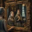 Placeholder: Young Girl looks into a mirror where an old crone is reflected, 4k, hyperdetailed, Kaori Yuki and Michael Cheval style, intricate details, HDR, beautifully shot, hyperrealistic, sharp focus, 64 megapixels, perfect composition, high contrast, cinematic, atmospheric, moody