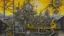 Placeholder: A surrealist painting depicts a complex, industrial-looking structure with various mechanical components and human bodies and faces integrated into the design. The color palette is dominated by shades of gray and yellow, with a gradient in the background suggesting a sunset or sunrise. The structure is composed of pipes, metal plates, and various mechanical parts, arranged in a seemingly chaotic yet deliberate manner. Several human bodies and faces with varying expressions are embedded in the st