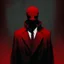 Placeholder: a sinister faceless figure wearing a red suit and a priest's collar with no face and dirty slicked back hair