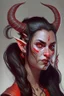 Placeholder: Portrait of a young and beautiful female Tiefling bard with red skin, two horns emerging from her forehead and long black hair with sidebangs and a ponytail.