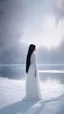 Placeholder: A girl with long black hair wearing a white dress. stands in front of Swan Lake surrounded by snow.cinematic