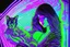 Placeholder: black light art, neon lines, contented brunette woman with fluffy kitten seeking something in the distance