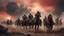 Placeholder: Hyper Realistic Photographic-view of a prehistoric-war-sequence with soldiers-wearing-armors-&-prehistoric-weapons riding on horses & fighting with dusty-environment with red-cloudy-sky showing dramatic & cinematic ambiance