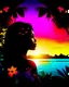 Placeholder: Stunning conceptual beach scene illustration in the silhouette of a woman's face. Beach with vibrant colors, sunset sky and coast with palm trees. Cinematic black background, looks like a window to a tropical paradise.12k 3D HD hyper-realistic Image quality CodeFormer AI 12K, cute flower fairy with bright wings like morning dew, flutters from flower to flower. Hair in curls, adorned with petals and pollen, mysterious phoenix woman, her silhouette made with interconnected and integrated elements