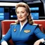 Placeholder: youthful Meryl Streep as a Star Trek admiral on the captain chair of the USS Enterprise bridge