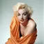 Placeholder: A photograph of childish marilyn monroe, looking upwards, hand on heart, with spiky hair, no make up, in the style of milton greene, a pale orange silk scarf around her shoulders, white bacground