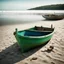 Placeholder: A man, beach, a green and blue boat, some pieces of wood, summer, creepy, odd, surreal