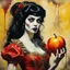 Placeholder: a Hideous, horrifying, frightening black-haired female Zombie Snow White, wearing a red leather sling suit with a gold/yellow bat emblem on the waist, dark, multicolored watercolor stained wall in the background, oil painting in the art style of Frank Frazetta, 32k UHD, Hyper realistic, photorealistic, realistic, sharp, highly detailed, professional quality, beautiful, awesome, majestic, superb, trending on artstation