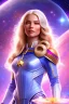 Placeholder: cosmic young woman from the future, one fine whole face, large cosmic forehead, crystalline skin, expressive blue eyes, blue hair, smiling lips, very nice smile, costume pleiadian,rainbow ufo Beautiful tall pleiadian Galactic commander, ship, perfect datailed golden galactic suit, high rank, long purple hair, hand whit five perfect detailed finger, amazing big green eyes, smilling mouth, high drfinition lips, cosmic happiness, bright colors, blue, pink, gold, jewels, realistic, real