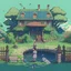 Placeholder: A studio ghibli kinda big house with garden, fence, water well, snake, girl wearing uniform, landscape, pixelart