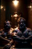 Placeholder: full body shot photography, two muscular chubby ugly burly marocan men , sweat, bulge, masculine hairy 43 year old man, curly hair, manly chest, curly beard ,big shoulders, big arms, big legs, bulge,, ambient occlusion , lying down sleeping in a steamy Sauna, super high resolution, 8k, dim light, side light, ultra hyper realistic, frontal view