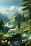 Placeholder: photoreal white wolf and white deer stand on the top of a hill full of tall trees and look ahead to a valley of forest green and full of flowers and trees with a waterfall in the distance