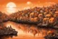 Placeholder: whimsical fishing village made up of entirely orange color, Orange Monochrome color scheme, hyperdetailed orange ink illustration reminiscent of Alexander Jansson, variant orange hues creating contrast between the orange houses lined up on shore, orange sun casting its orange concentric rings onto the village and reflecting off the water, incredible contrast, different contrasting textures, orange sky, orange water, smooth, reflective, rhymes with orange.