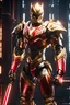 Placeholder: Power Ranger mechanical robo warrior character, anthropomorphic figure, wearing futuristic mecha warrior armor and weapons, reflection mapping, realistic figure, hyperdetailed, cinematic lighting photography, 32k uhd with a golden staff, red lighting on suit