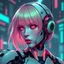 Placeholder: a cyberpunk female android robot, bright hair, futuristic, dystopia, stylised, digital art
