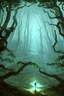 Placeholder: A teenage boy standing in the middle of the forest with wide eyes found a magic stone that glowed bright blue among the shady trees