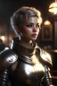 Placeholder: portrait of a beautiful female paladin, short messy ashen hair, pale eyes, dressed in a revealing ornamented light plate armor, standing in a tavern, realistic dim lighting, pale skin, petite, cinematic lighting, highly detailed face, very high resolution, holy