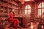 Placeholder: surreal image full-height shot of a young woman in tight red clothing, inside a large modern magic shop, sitting at a desk, wooden shelving, bottles, windows