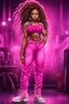 Placeholder: Create a digital airbrush cartoon of a curvy African American female wearing a hot pink jean outfit with timberland boots. Prominent make up with hazel eyes. She is wearing large diamond hoop earrings. Extremely highly detailed very long dread locs hair that shines. Background of a night club.