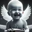 Placeholder: bw,a smiling human baby artist called tobias leander with no hair,halo, wings, drinking, sitting in chair, photo realistic spray painting, book cover illustration