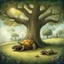 Placeholder: Storybook illustration of the Tortoise and Hare fable, lazy Hare is sleeping under an oak tree, by Alexander Jansson, whimsical, by Shaun Tan,