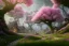 Placeholder: Immersive​ fantasy elven town in the deep green forest with beautiful flower pink tree