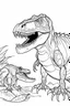 Placeholder: create a coloring page Depict a juvenile T-Rex being fed by its parent, who might be regurgitating food or bringing back prey to share. This scene can highlight the nurturing behavior of T-Rex parents. ink drawing clipart, simple line illustrations, colored