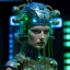 Placeholder: Freaky Friday, Celtic pagan vibes, Organic Alice, cyborg Ai Queen with neuralink headgear, on an inter dimensional catwalk, perfect human face, clear acrylic plastic film, full body shot, catwalk fashion show, iridescent, surreal, Salvador Dali meets pixels