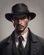 Placeholder: Man He wears Italian gangster clothes He is tall, , has a beautiful face, has brown eyes, and wears a black hat ، He holds a pistol in his hand