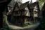 Placeholder: large medieval gothic, wooden inn, with a balcony, next to a sloping, cobbled road, in a wood, dense foliage, photo-realistic