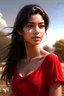 Placeholder: Digital art, high quality, digital masterpiece, natural illumination, sunny day, realistic, film style, beautiful, (full body:2.5), (1 Young peruvian girl: 3), (Dark hair:1.8), (tan skin:1.8), (subtlety smiling:1.8), (Red Clothes:1.8), perfect nose,(Temple:2), (Summer:1.8)