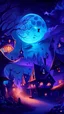 Placeholder: A beautiful village with Halloween decorations and cosmic sky with blue and purple colors