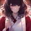 Placeholder: Clear focus,High resolution,8k, Beatiful Lighting, black short wavy hair, long wavy bangs, purple eyes, wearing a miko outfit, extreme close up