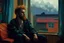 Placeholder: Franklin Carmichael-NaN Goldin style dedicated beautiful a dreaming young beard colored punk guy sits and looks out of the livingroom window, stormy Day, pop '80s movie oil paint-style raw-in Blade Runner living room- by Stanley Kubrick