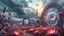 Placeholder: Dynamic cifi country side ,hypnotic of 3D structures Symmetry twisting and morphing between cifi plants , cifi flowers and metal geometric 3d structures buildings , smooth translucent iridescent glass with inner glow and bubbles, varied transparent materials, stormy skies, intense dramatic