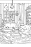 Placeholder: coloring page for kids, Cats in the living room, cartoon style, thick lines, low detail, no shading